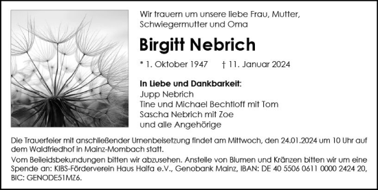 Traueranzeige von Birgitt Nebrich von Allgemeine Zeitung Mainz