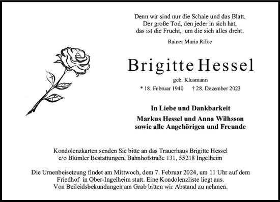 Traueranzeige von Brigitte Hessel von Allgemeine Zeitung Bingen/Ingelheim
