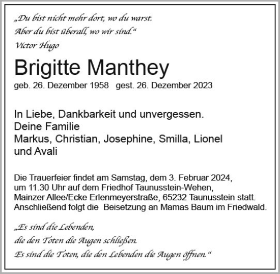 Traueranzeige von Brigitte Manthey von Wiesbadener Kurier