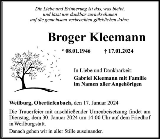 Traueranzeige von Broger Kleemann von Weilburger Tageblatt