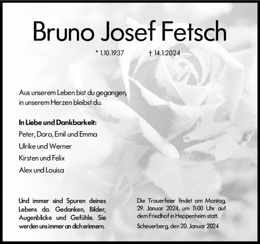  Traueranzeige für Bruno Josef Fetsch vom 20.01.2024 aus Starkenburger Echo