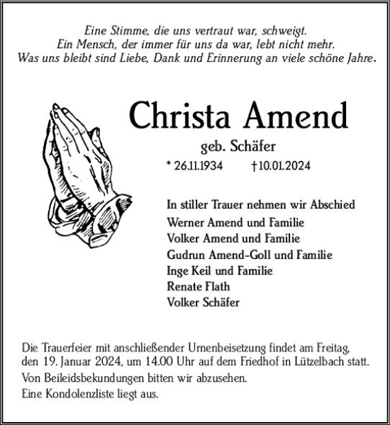 Traueranzeige von Christa Amend von Odenwälder Echo