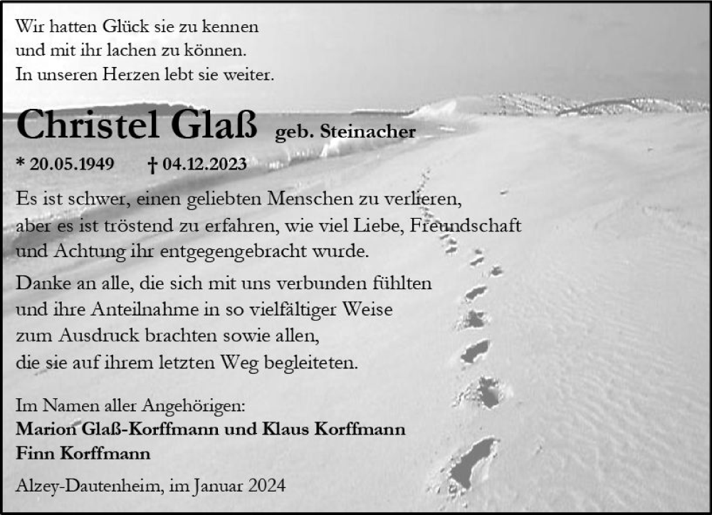  Traueranzeige für Christel Glaß vom 13.01.2024 aus Allgemeine Zeitung Alzey