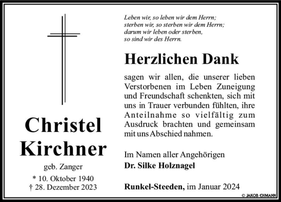 Traueranzeige von Christel Kirchner von Weilburger Tageblatt