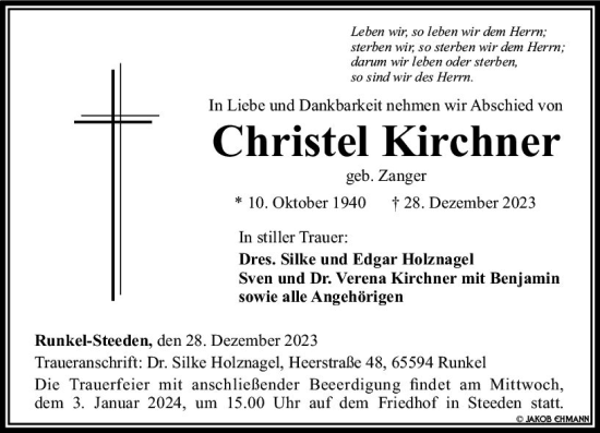 Traueranzeige von Christel Kirchner von Weilburger Tageblatt