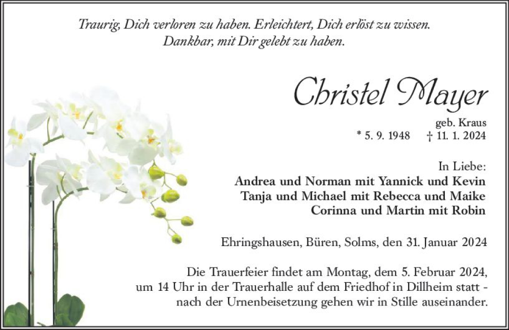  Traueranzeige für Christel Mayer vom 31.01.2024 aus Wetzlarer Neue Zeitung