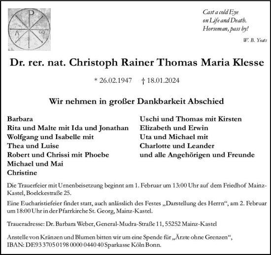 Traueranzeige von Christop Rainer Thomas Maria Klesse von Allgemeine Zeitung Mainz