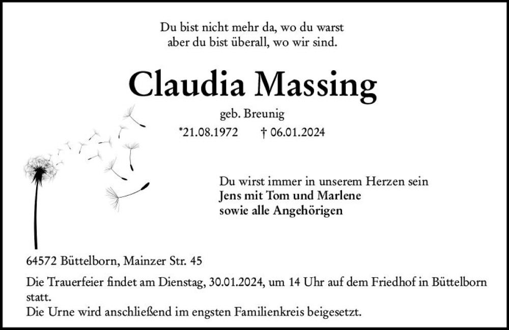  Traueranzeige für Claudia Massing vom 27.01.2024 aus Groß-Gerauer Echo