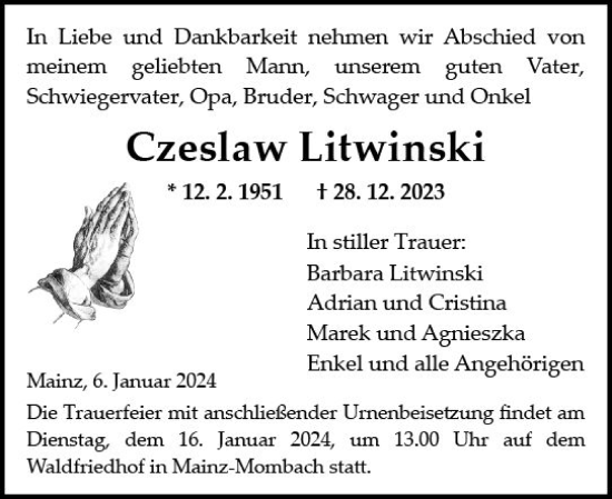Traueranzeige von Czeslaw Litwinski von Allgemeine Zeitung Mainz
