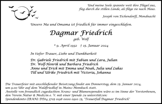 Traueranzeige von Dagmar Friedrich von Allgemeine Zeitung Mainz