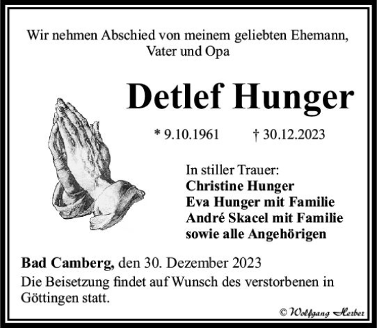 Traueranzeige von Detlef Hunger von Camberger Anzeiger