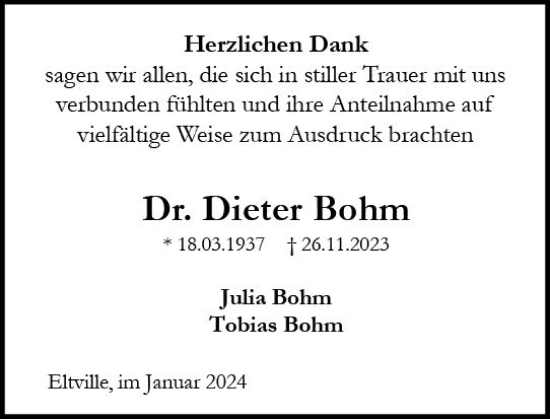 Traueranzeige von Dieter Bohm von Wiesbadener Kurier