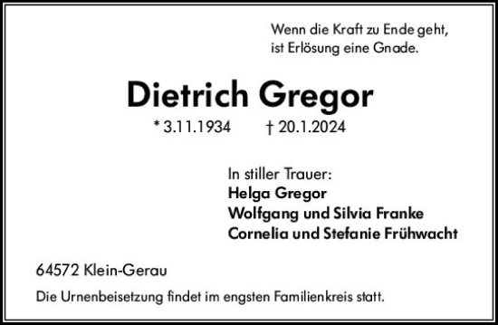 Traueranzeige von Dietrich Gregor von Groß-Gerauer Echo