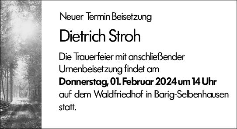  Traueranzeige für Dietrich Stroh vom 29.01.2024 aus Weilburger Tageblatt