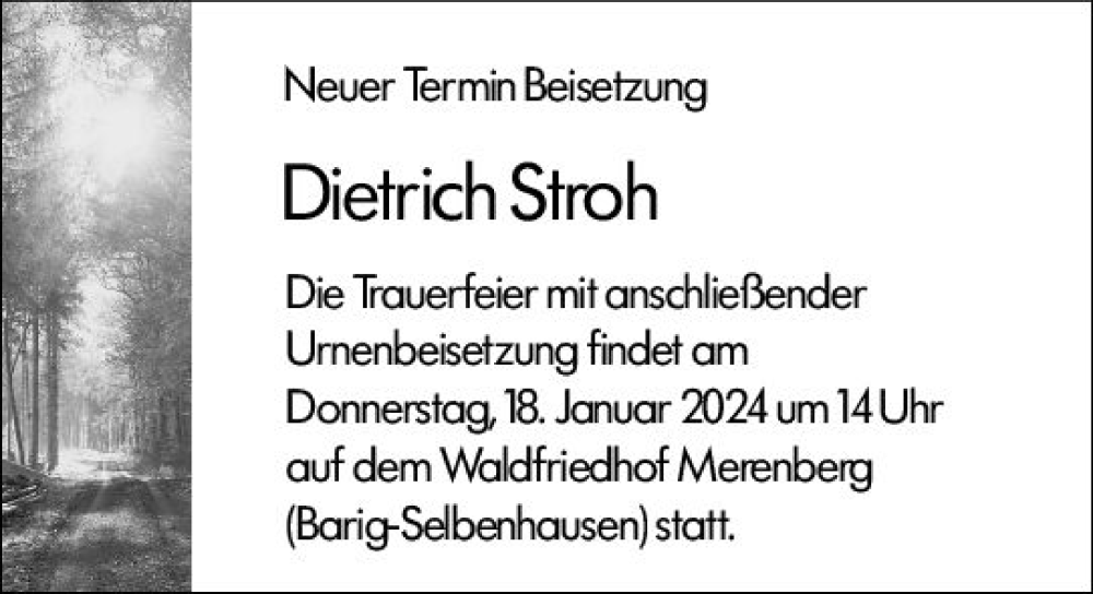  Traueranzeige für Dietrich Stroh vom 16.01.2024 aus Weilburger Tageblatt