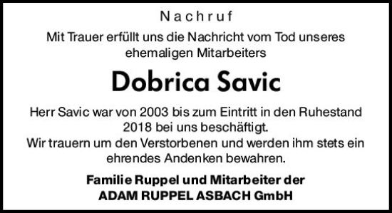 Traueranzeige von Dobrica Savic von Darmstädter Echo