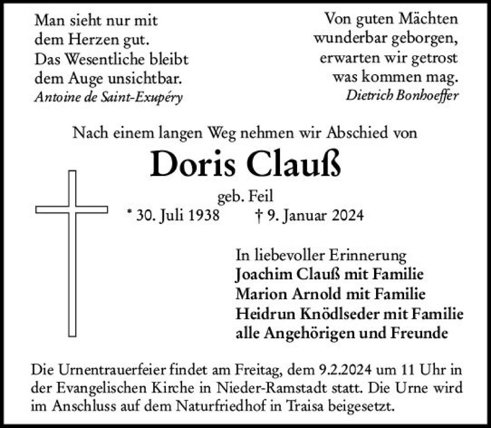  Traueranzeige für Doris Clauß vom 27.01.2024 aus Darmstädter Echo