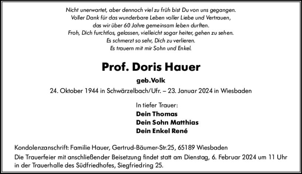  Traueranzeige für Doris Hauer vom 27.01.2024 aus Wiesbadener Kurier