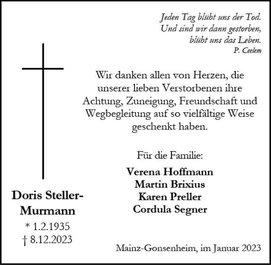 Traueranzeige von Doris Steller-Murmann von Allgemeine Zeitung Mainz