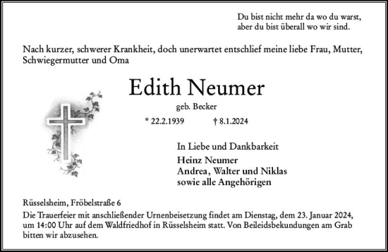 Traueranzeige von Edith Neumer von Rüsselsheimer Echo