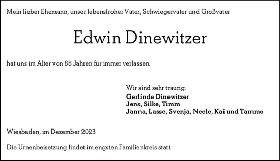 Traueranzeige von Edwin Dinewitzer von Wiesbadener Kurier