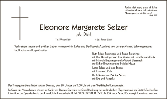 Traueranzeige von Eleonore Margarete Selzer von Starkenburger Echo