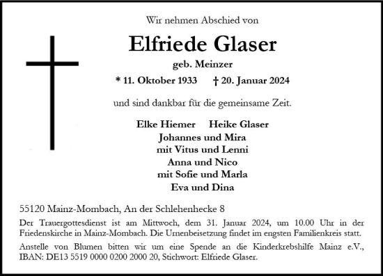 Traueranzeige von Elfriede Glaser von Allgemeine Zeitung Mainz