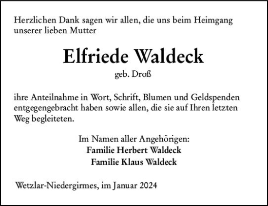 Traueranzeige von Elfriede Waldeck von Wetzlarer Neue Zeitung