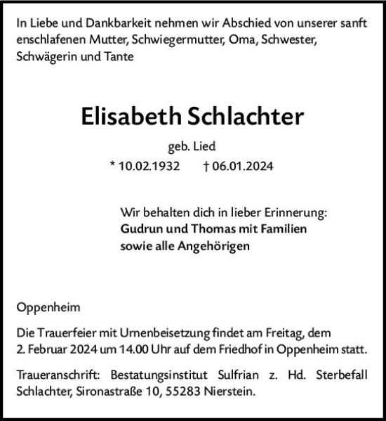 Traueranzeige von Elisabeth Schlachter von Allgemeine Zeitung Mainz
