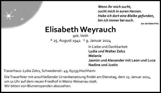 Traueranzeige von Elisabeth Weyrauch von Allgemeine Zeitung Mainz