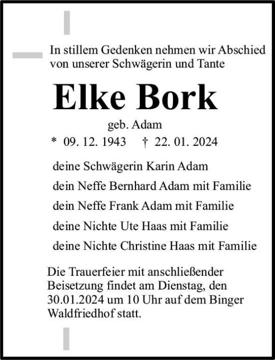 Traueranzeige von Elke Bork von Allgemeine Zeitung Bingen/Ingelheim