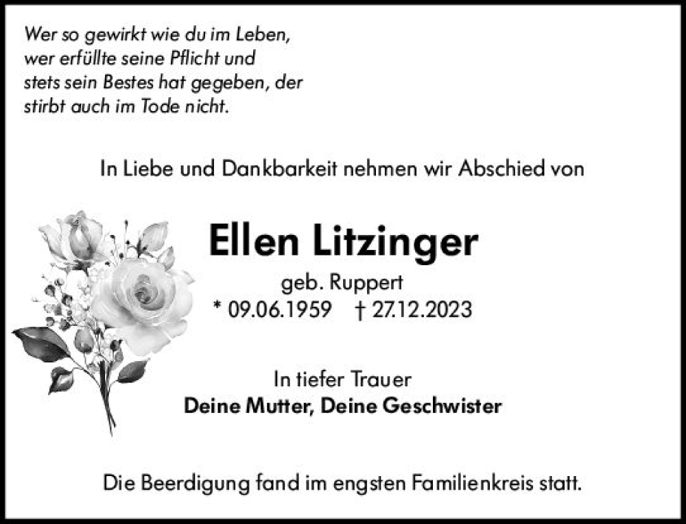  Traueranzeige für Ellen Litzinger vom 18.01.2024 aus Rüsselsheimer Echo