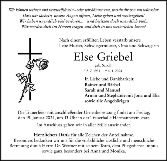 Traueranzeige von Else Griebel von Wetzlarer Neue Zeitung