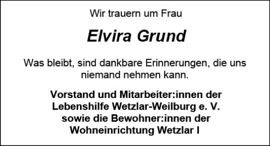 Traueranzeige von Elvira Grund von Weilburger Tageblatt