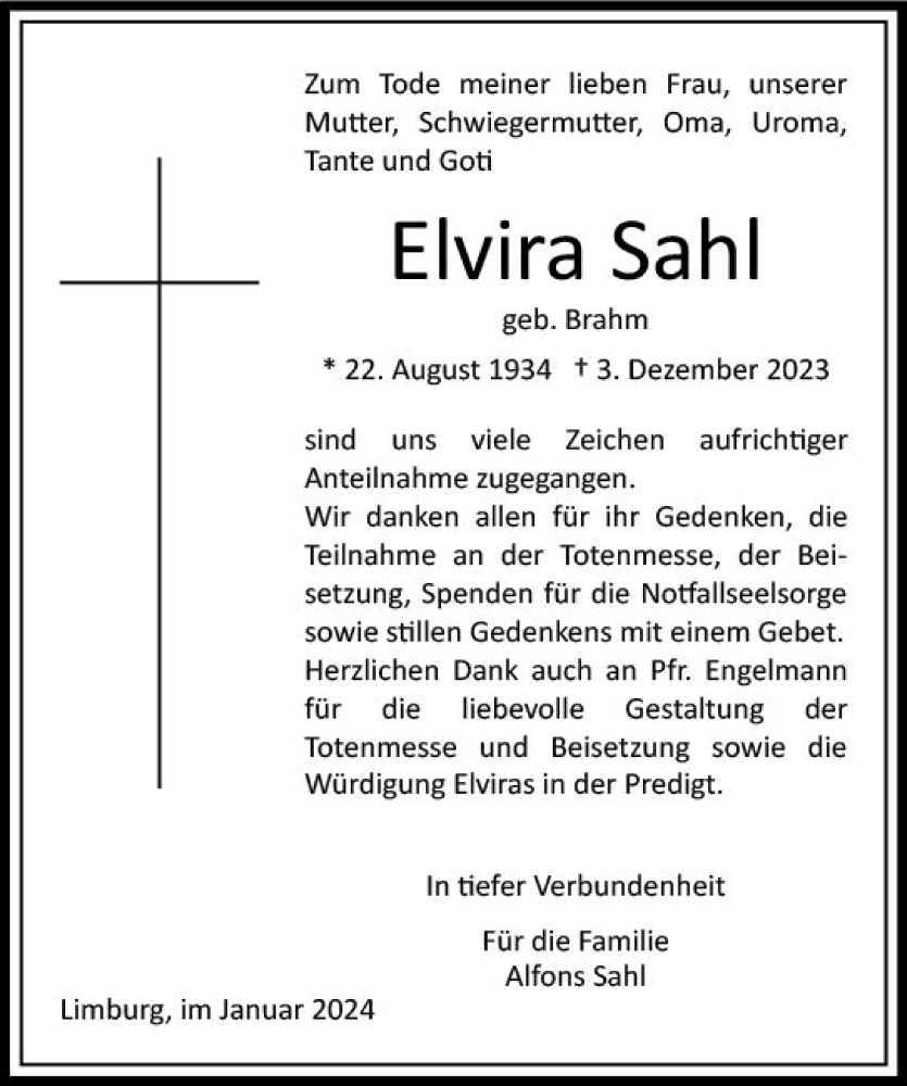  Traueranzeige für Elvira Sahl vom 27.01.2024 aus Nassauische Neue Presse