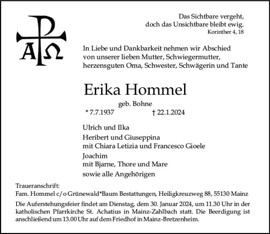 Traueranzeige von Erika Hommel von Allgemeine Zeitung Mainz