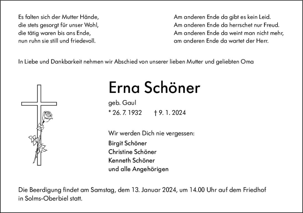  Traueranzeige für Erna Schöner vom 12.01.2024 aus Wetzlarer Neue Zeitung