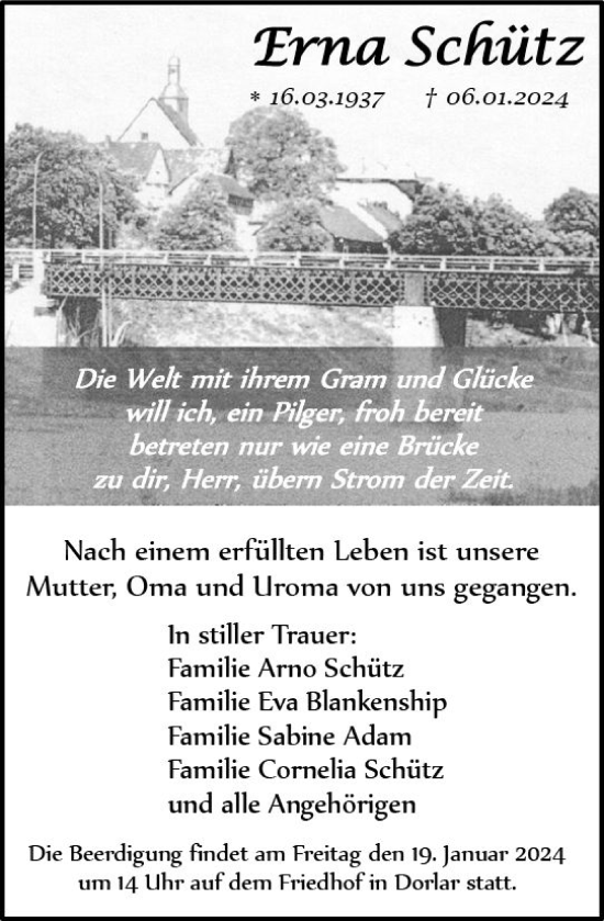Traueranzeige von Erna Schütz von Wetzlarer Neue Zeitung