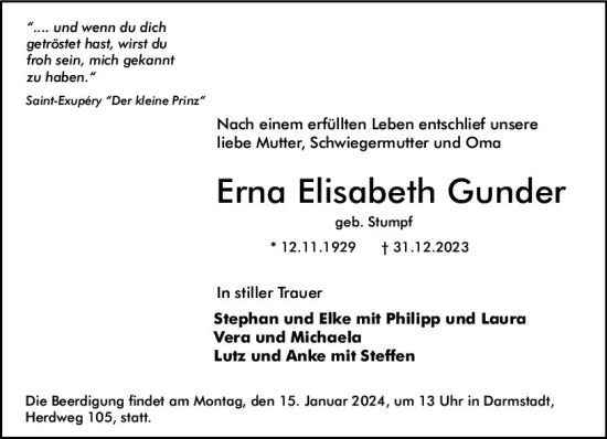 Traueranzeige von Erna Elisabeth Gunder von Darmstädter Echo
