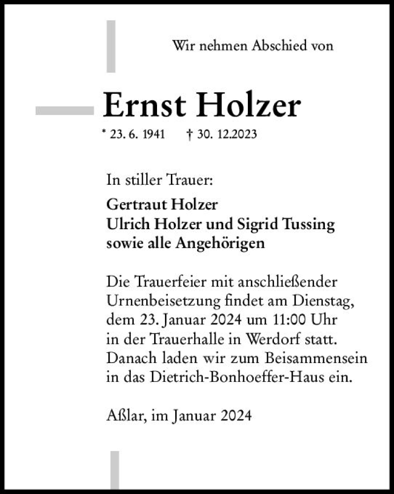  Traueranzeige für Ernst Holzer vom 13.01.2024 aus Wetzlarer Neue Zeitung