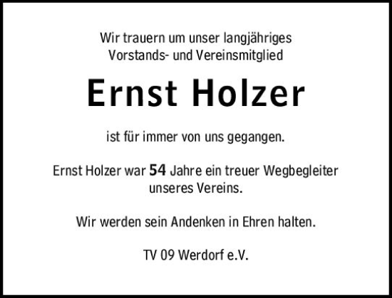 Traueranzeige von Ernst Holzer von Wetzlarer Neue Zeitung