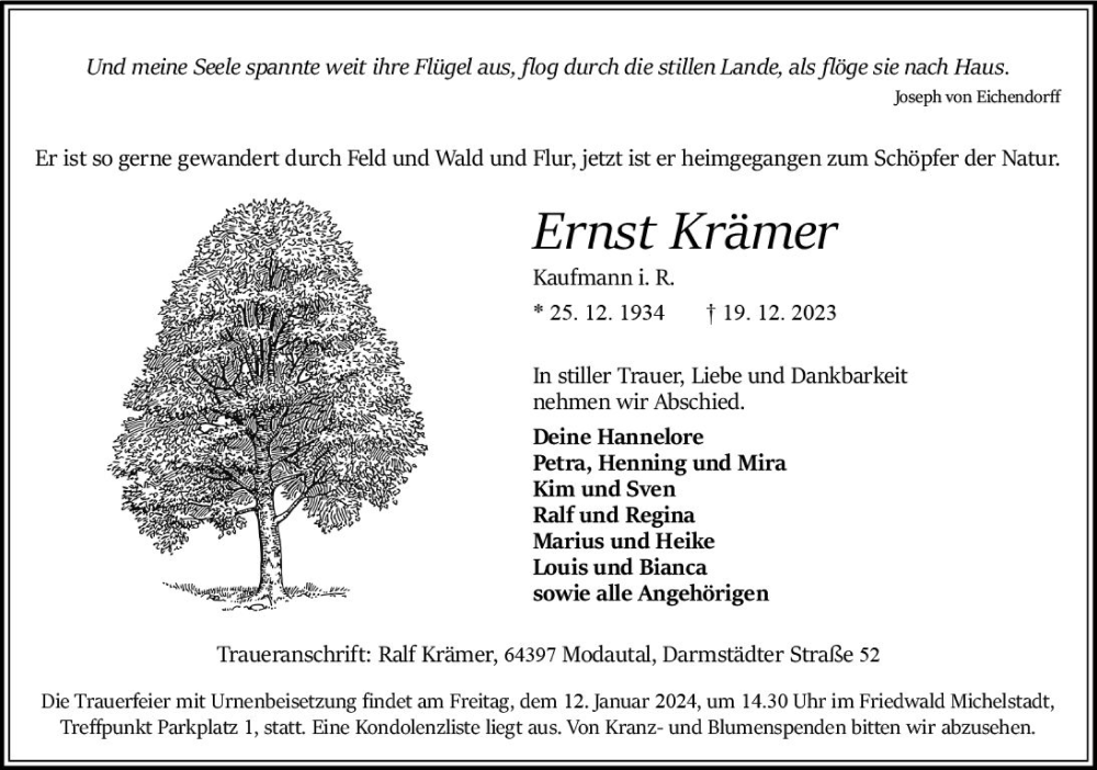  Traueranzeige für Ernst Krämer vom 06.01.2024 aus Bergsträßer Anzeiger