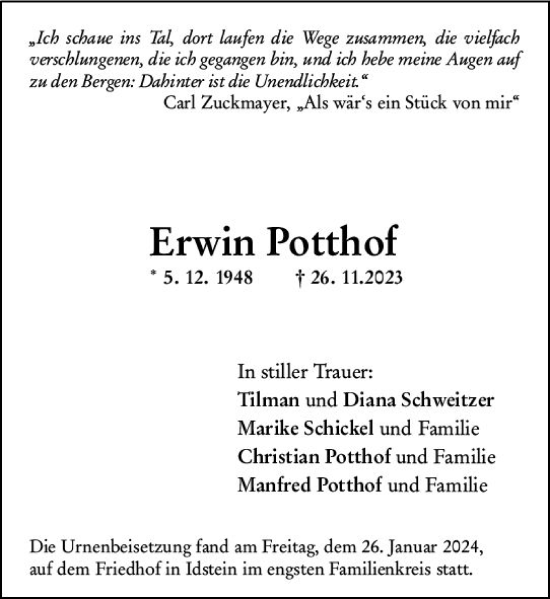 Traueranzeige von Erwin Potthof von Wiesbadener Kurier