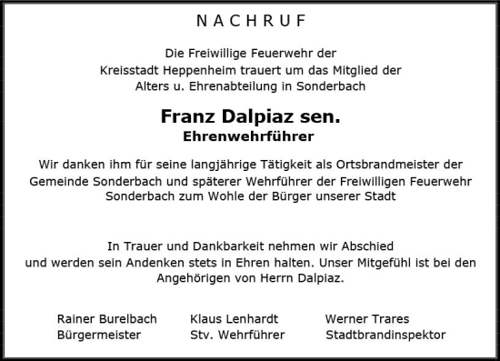 Traueranzeige von Franz Dalpiaz von Starkenburger Echo
