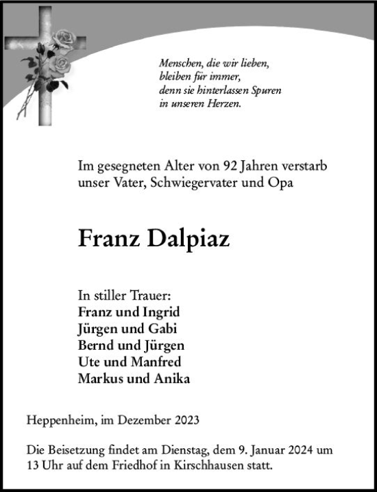 Traueranzeige von Franz Dalpiaz von Starkenburger Echo