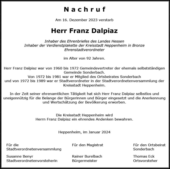 Traueranzeige von Franz Dalpiaz von Starkenburger Echo