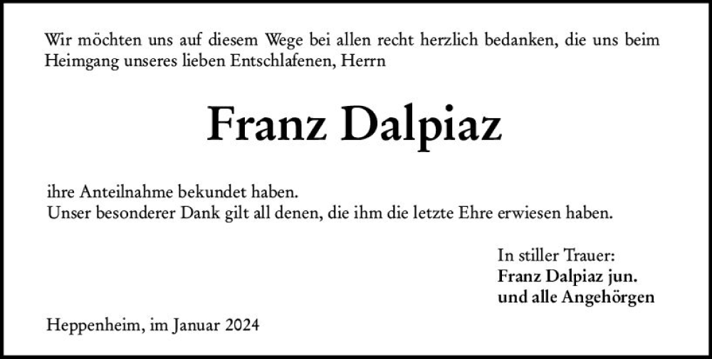  Traueranzeige für Franz Dalpiaz vom 20.01.2024 aus Starkenburger Echo