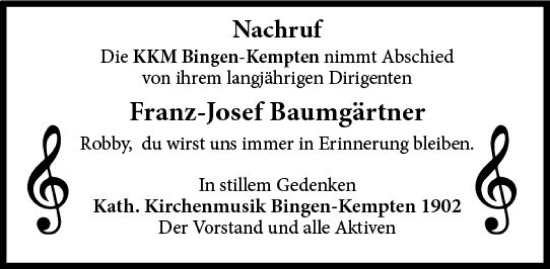 Traueranzeige von Franz-Josef Baumgärtner von Binger-/Ingelheimer Wochenblatt