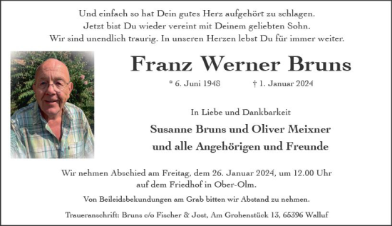 Traueranzeige von Franz Werner Bruns von Wiesbadener Kurier