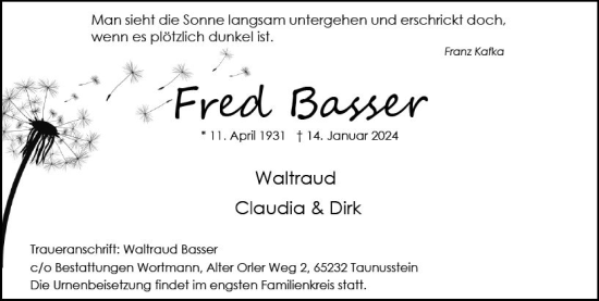 Traueranzeige von Fred Basser von Wiesbadener Kurier